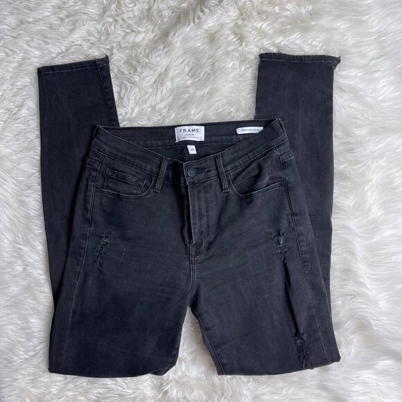 FRAME Le Skinny de Jeanne Jeans Le Color Rip Film Noir Mid Rise Distressed 28.5" - Picture 6 of 14